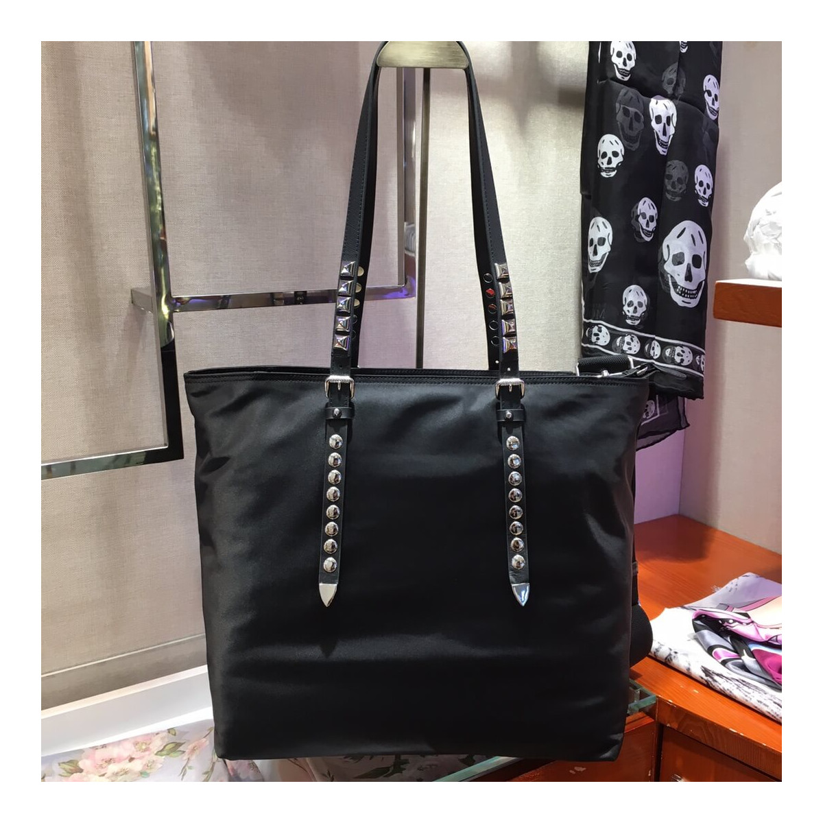 Prada Black Nylon Tote With Leather And Studs 1BG212