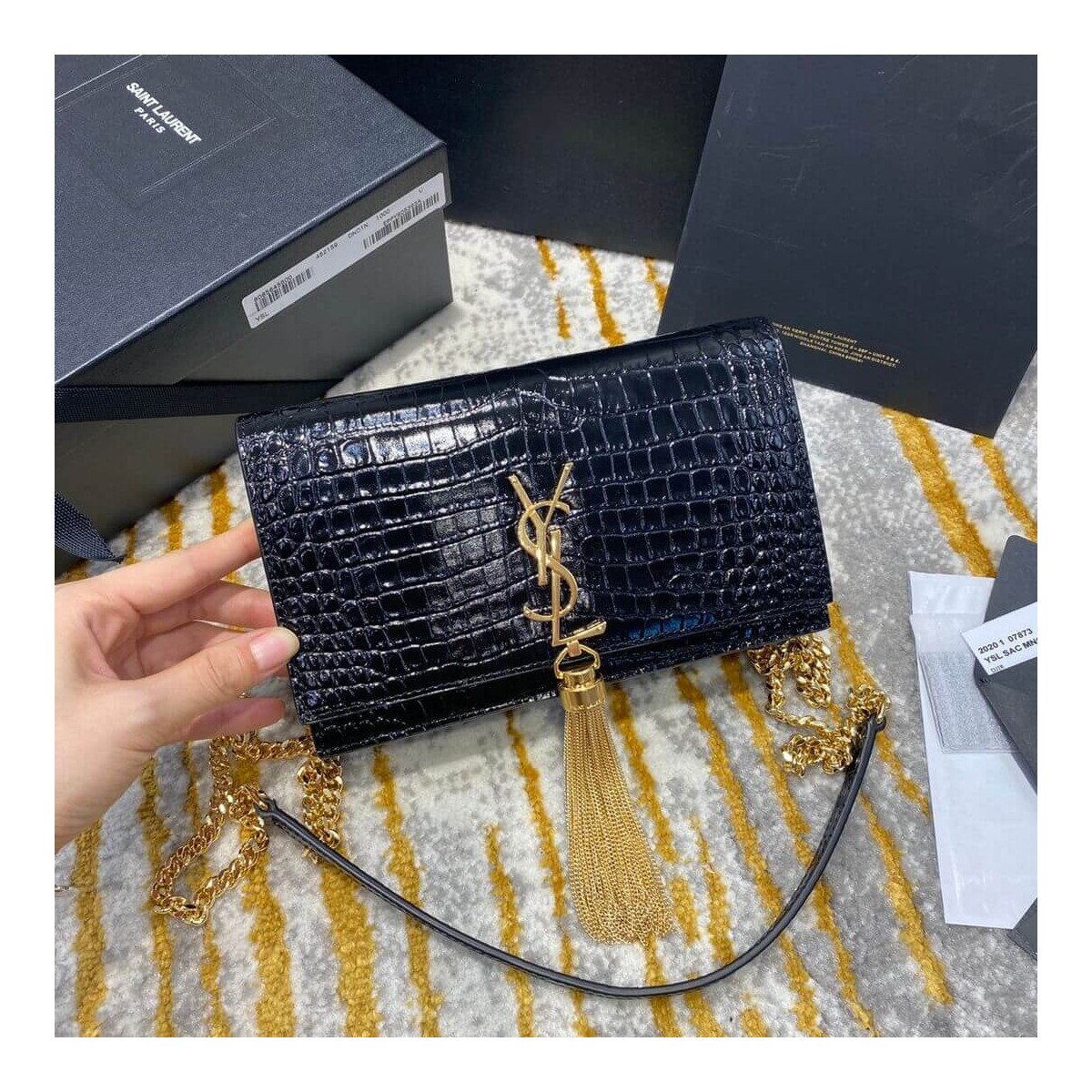 YSL Saint Laurent Kate Chain Wallet With Tassel In Crocodile Embossed Leather 452159