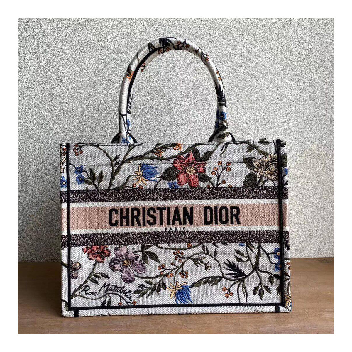 Christian Dior Small Book Tote Multicolor Rosa Mutabilis Embroidery M1296