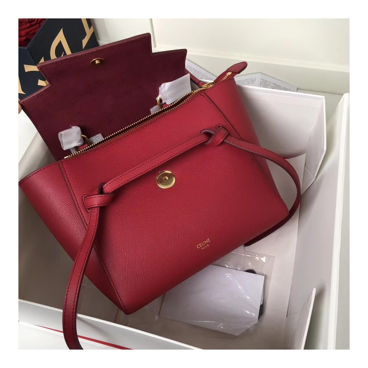 Celine Micro Belt Bag In Grained Calfskin 189153 Ruby