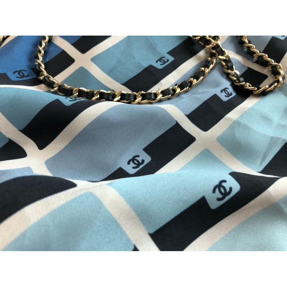 Chanel Printed Fabric Foldable Tote Bag With Chain AP2095 Blue