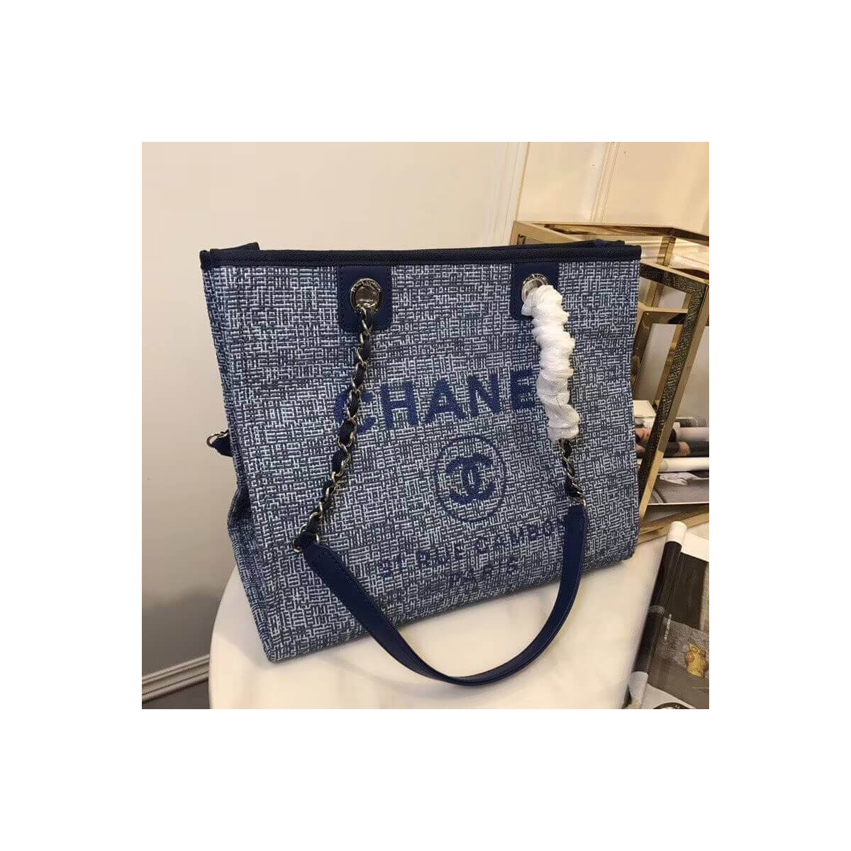 Chanel Deauville Chain Shoulder Tote 33cm Canvas Bag A66939