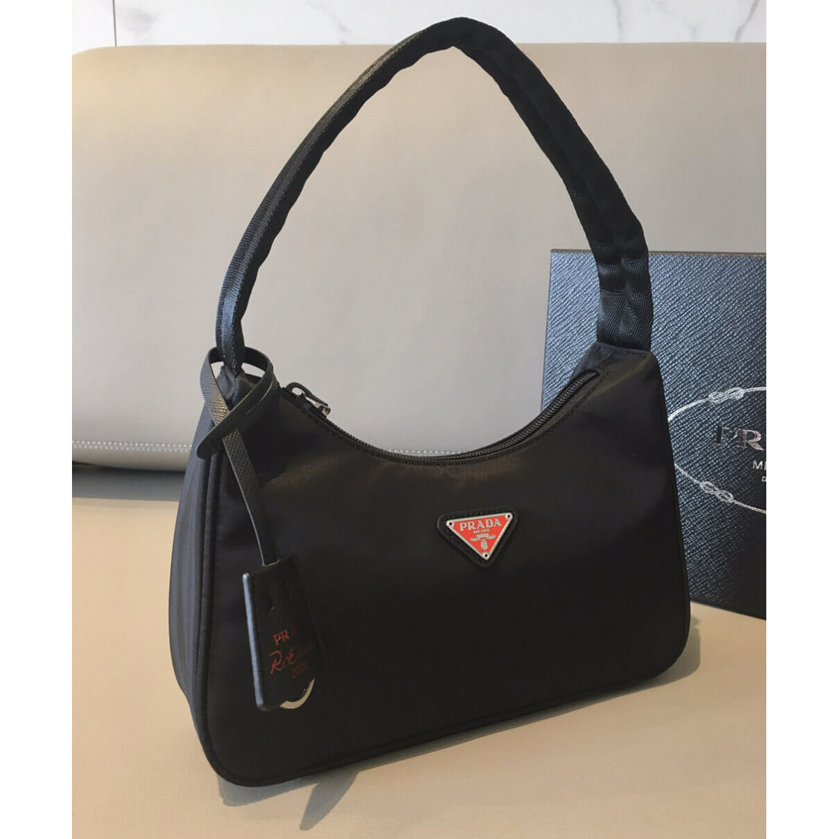 Prada Re-Edition 2000 Nylon Hobo Bag 1NE515 Black with Red Logo