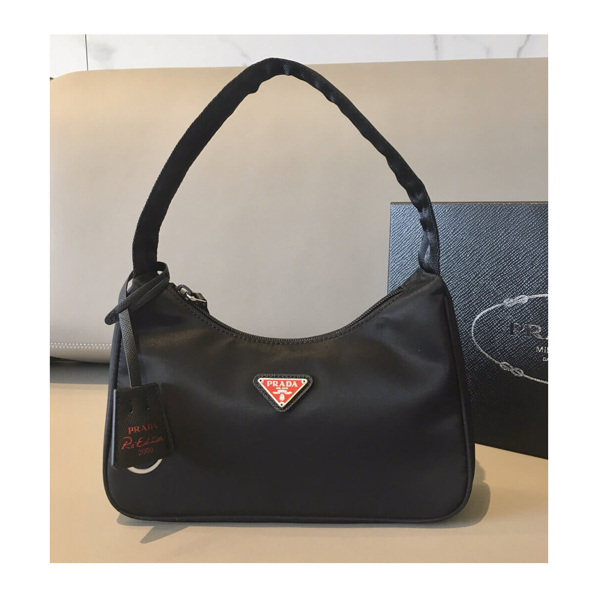 Prada Re-Edition 2000 Nylon Hobo Bag 1NE515 Black with Red Logo