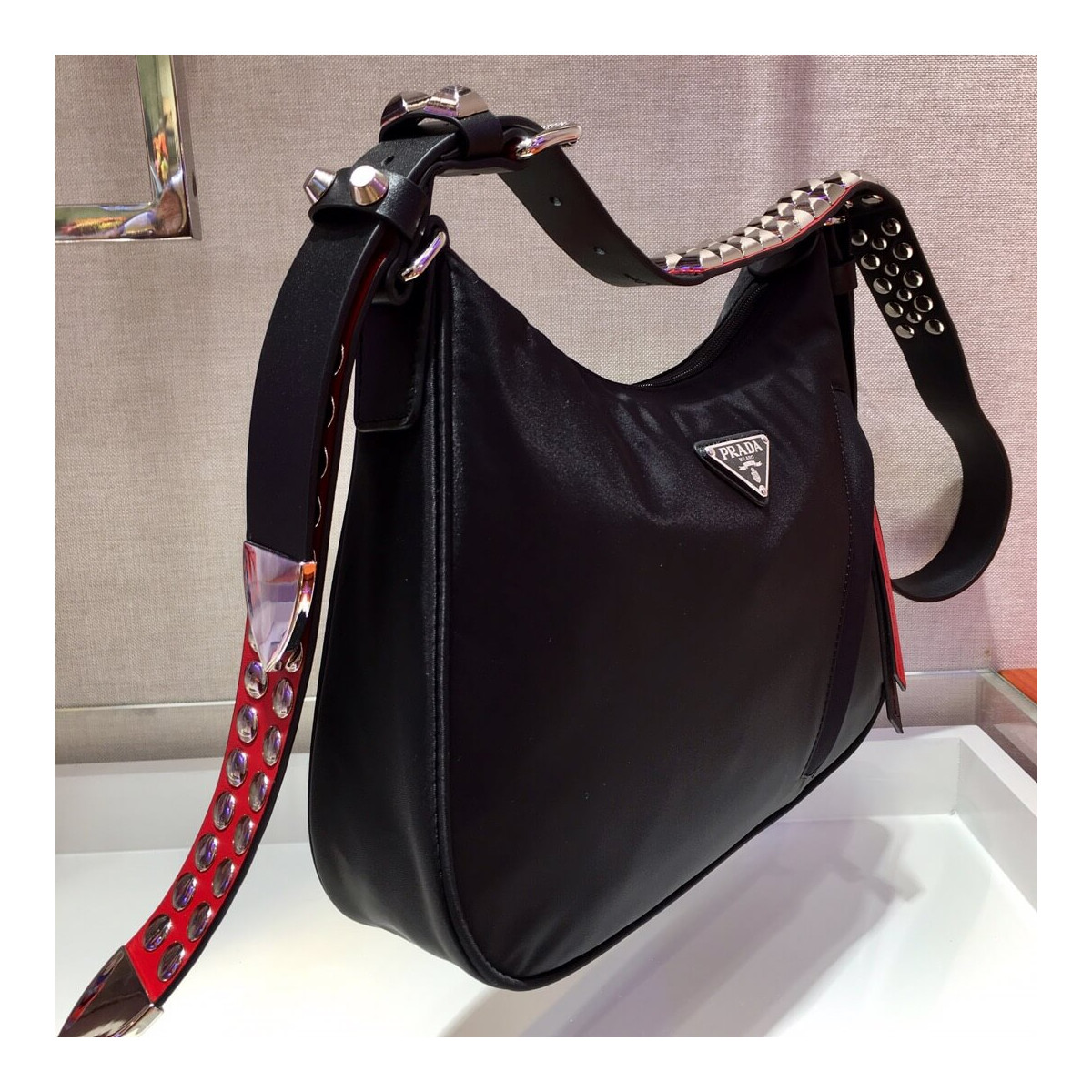 Prada Nylon Hobo Bag With Leather And Studs 1BC087