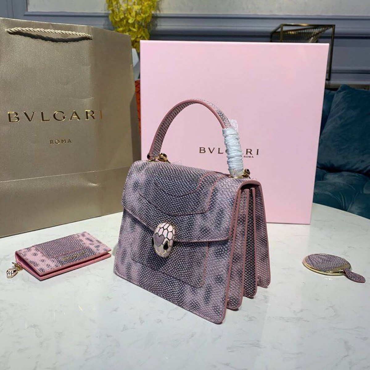 Bvlgari Serpenti Forever Crossbody Top Handle Bag 18cm in Karung Skin 284537 Pink