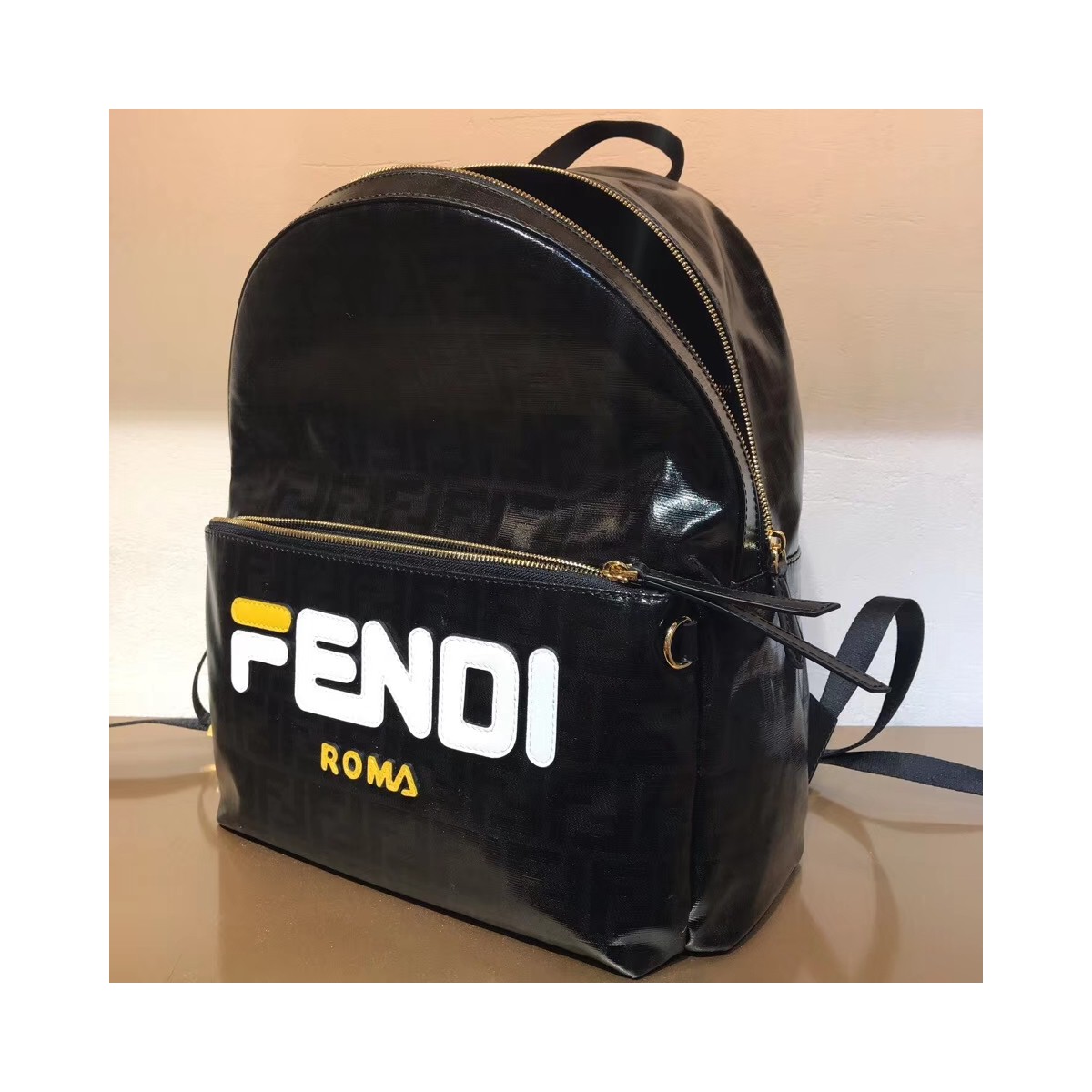 Fendi Mania Logo Zucca Coated Medium Black Canvas Backpack 8BZ039