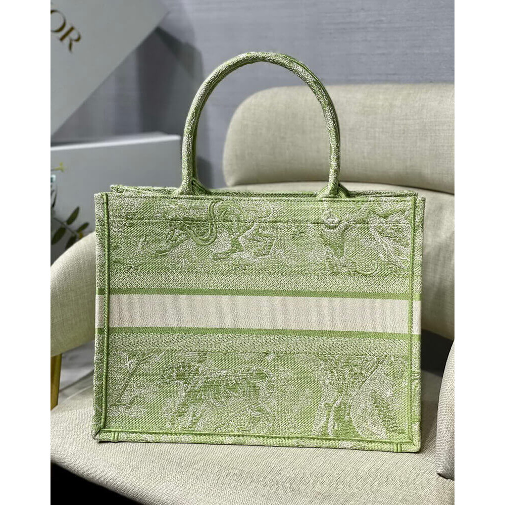 Dior Small Book Tote Lime Toile de Jouy Reverse Embroidery M1296