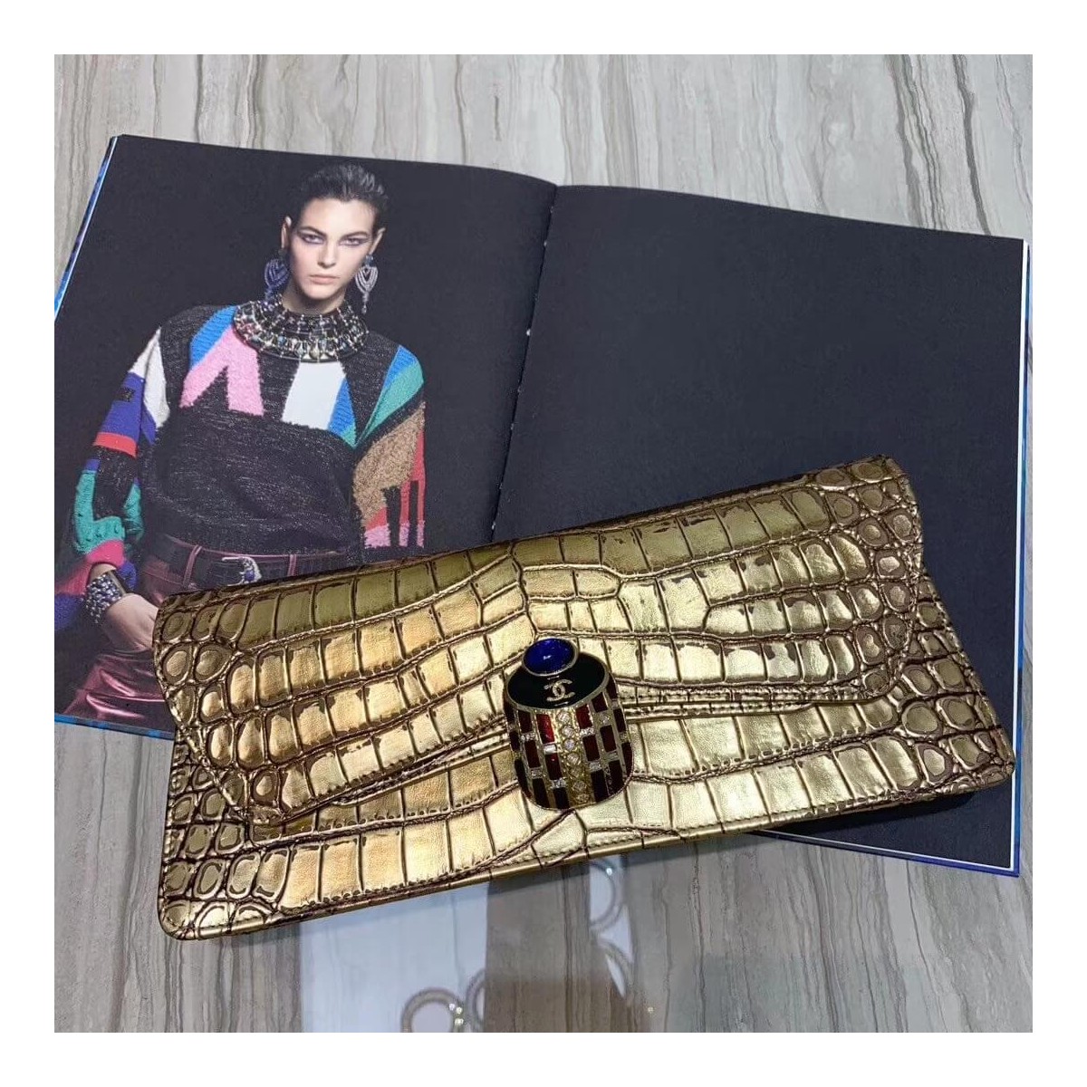 Chanel Metallic Crocodile Embossed Clutch AS0857