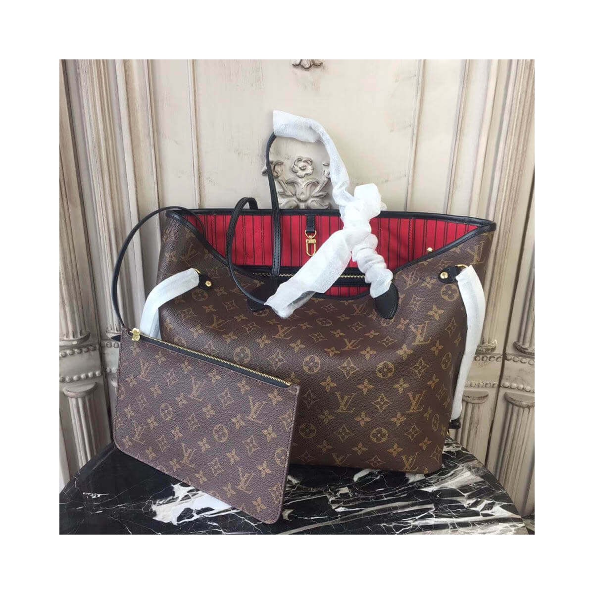 Louis Vuitton Monogram Canvas Neverfull MM M41177 Black/Red