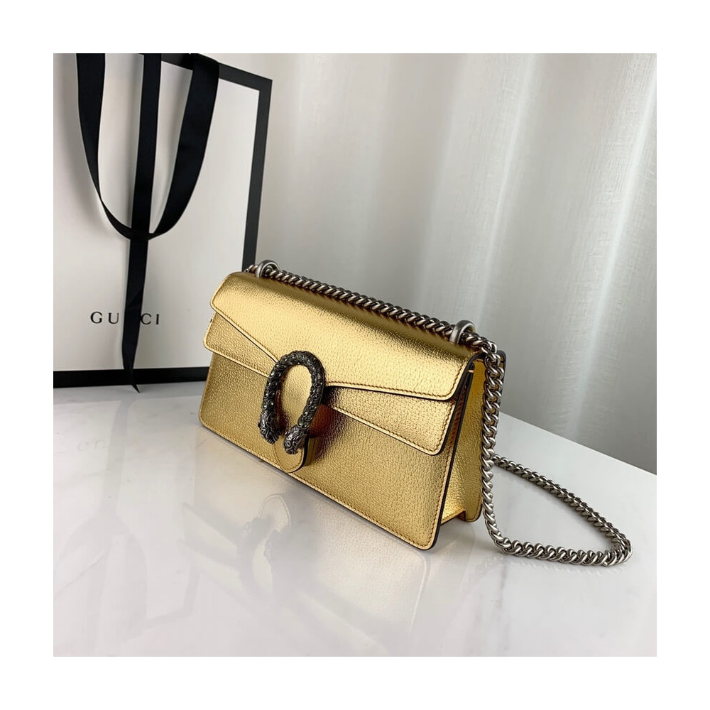 Gucci Dionysus Small Shoulder Bag in Gold Lame Leather 499623