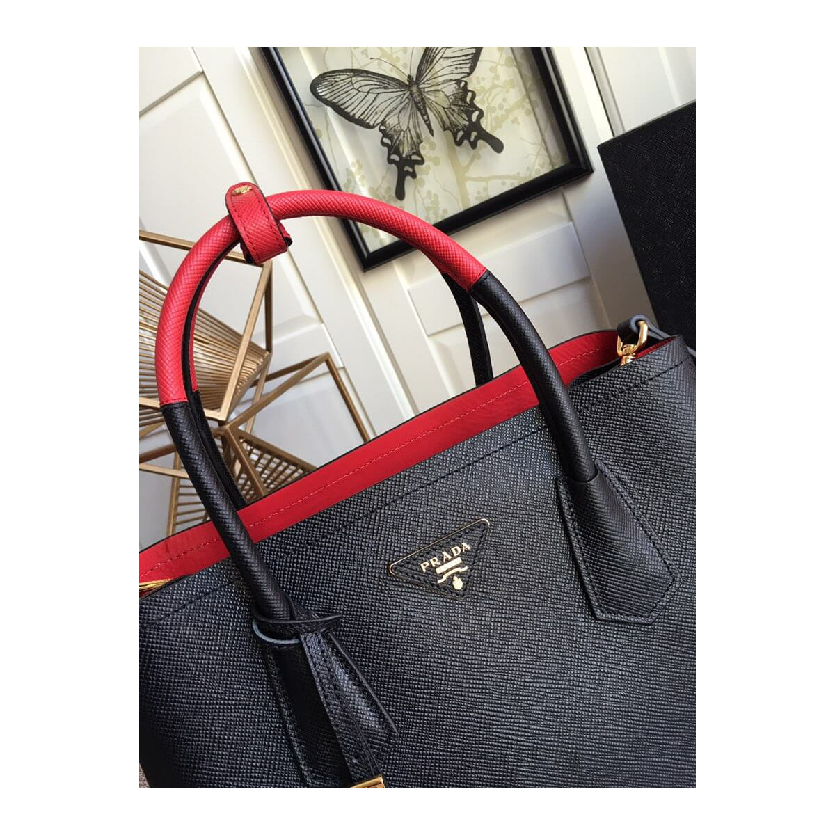 Prada Two-Tone Saffiano Leather Double Bag 1BG775 Black/Red