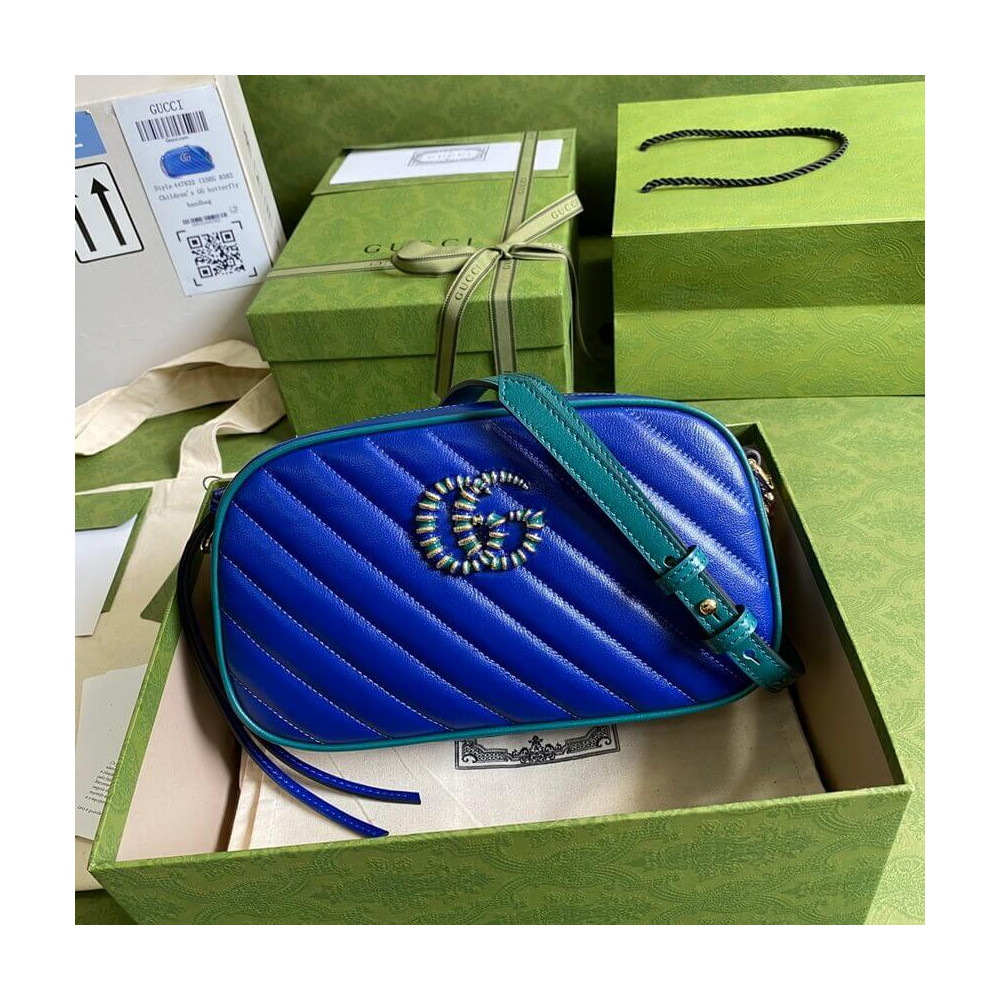 Gucci GG Marmont Small Shoulder Bag 447632 Blue and Emerald Leather