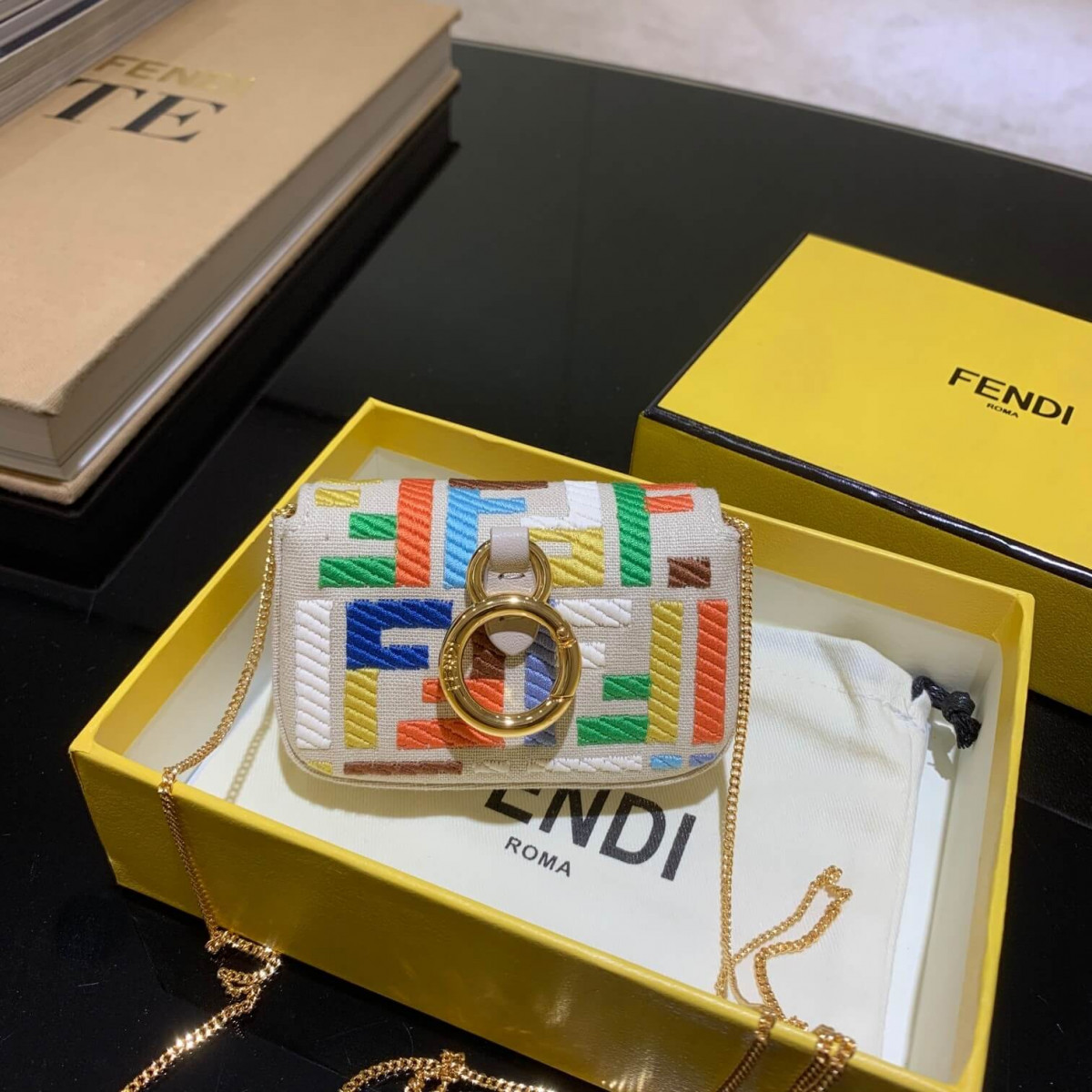 Fendi Nano Baguette Charm in Beige Canvas 7AR844