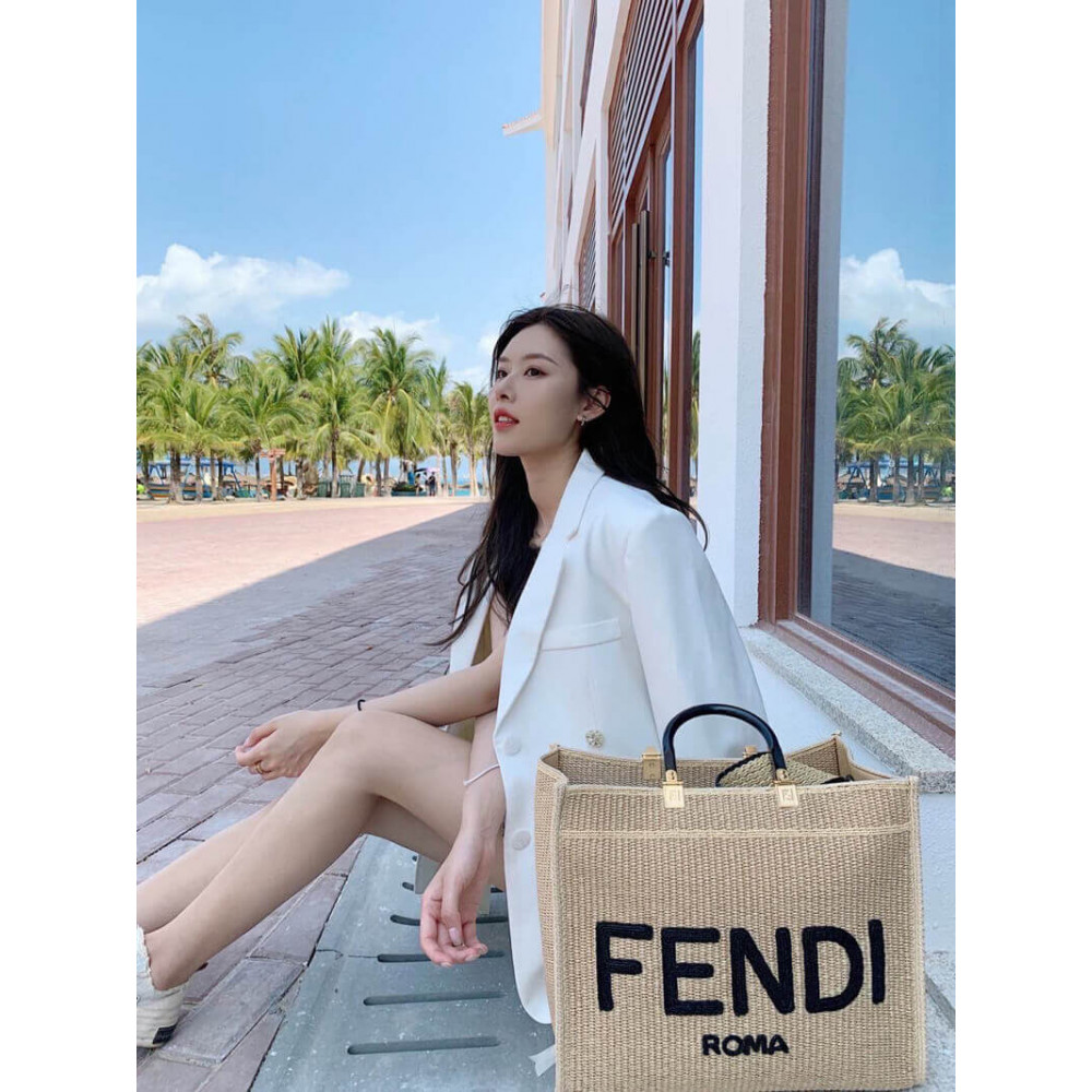 Fendi Sunshine Large Shopper Woven Raffia Tote 8BH372 Beige