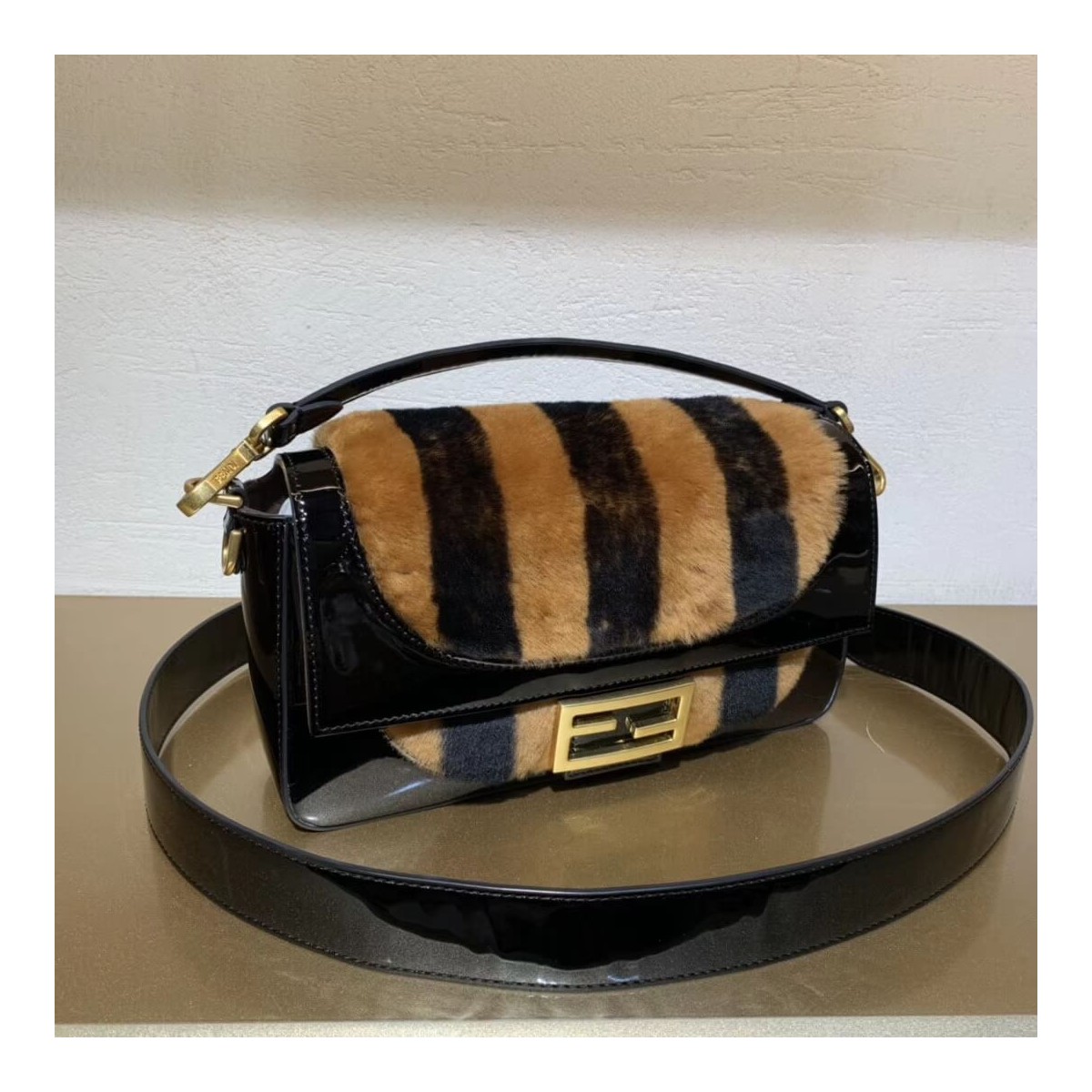 Fendi Patent Leather And Sheepskin Baguette Bag 8BR600