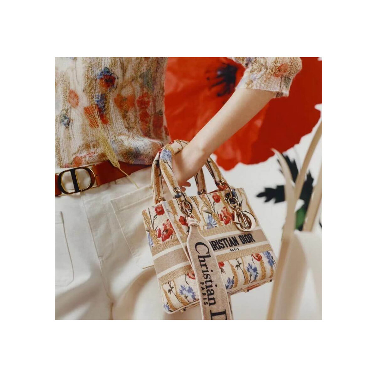 Dior Medium Lady D-Lite Hibiscus Metallic Thread Embroidery Bag M0565