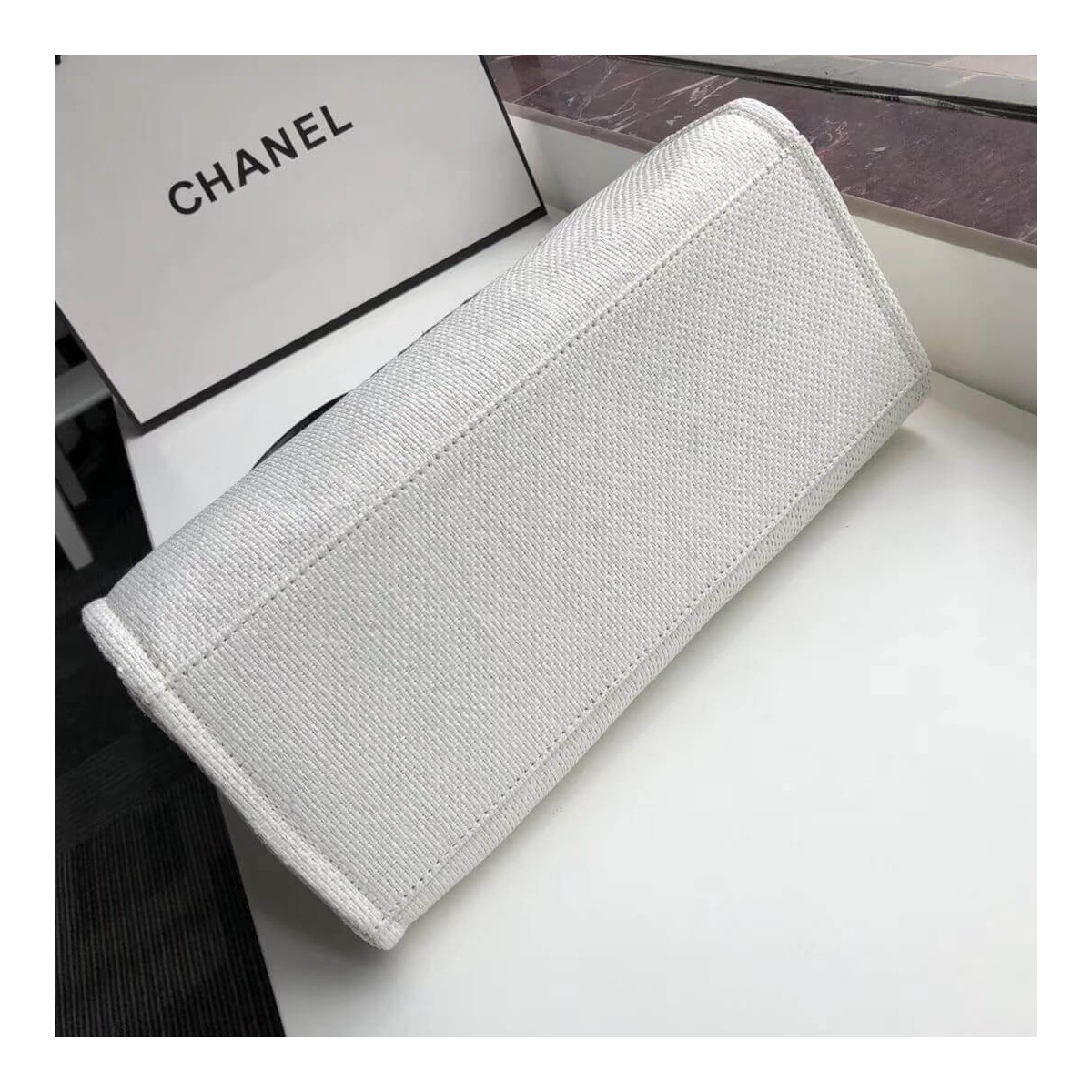 Chanel Deauville Tote 38cm Canvas Bag A66941 White / Black