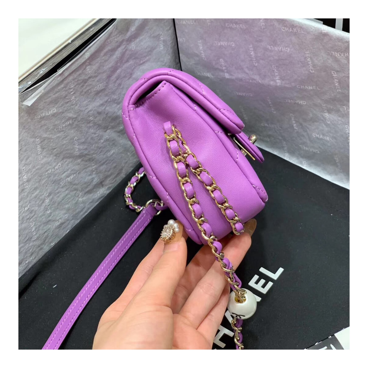 Chanel Small Pearl Logo Strap Flap Bag AS1436 Purple