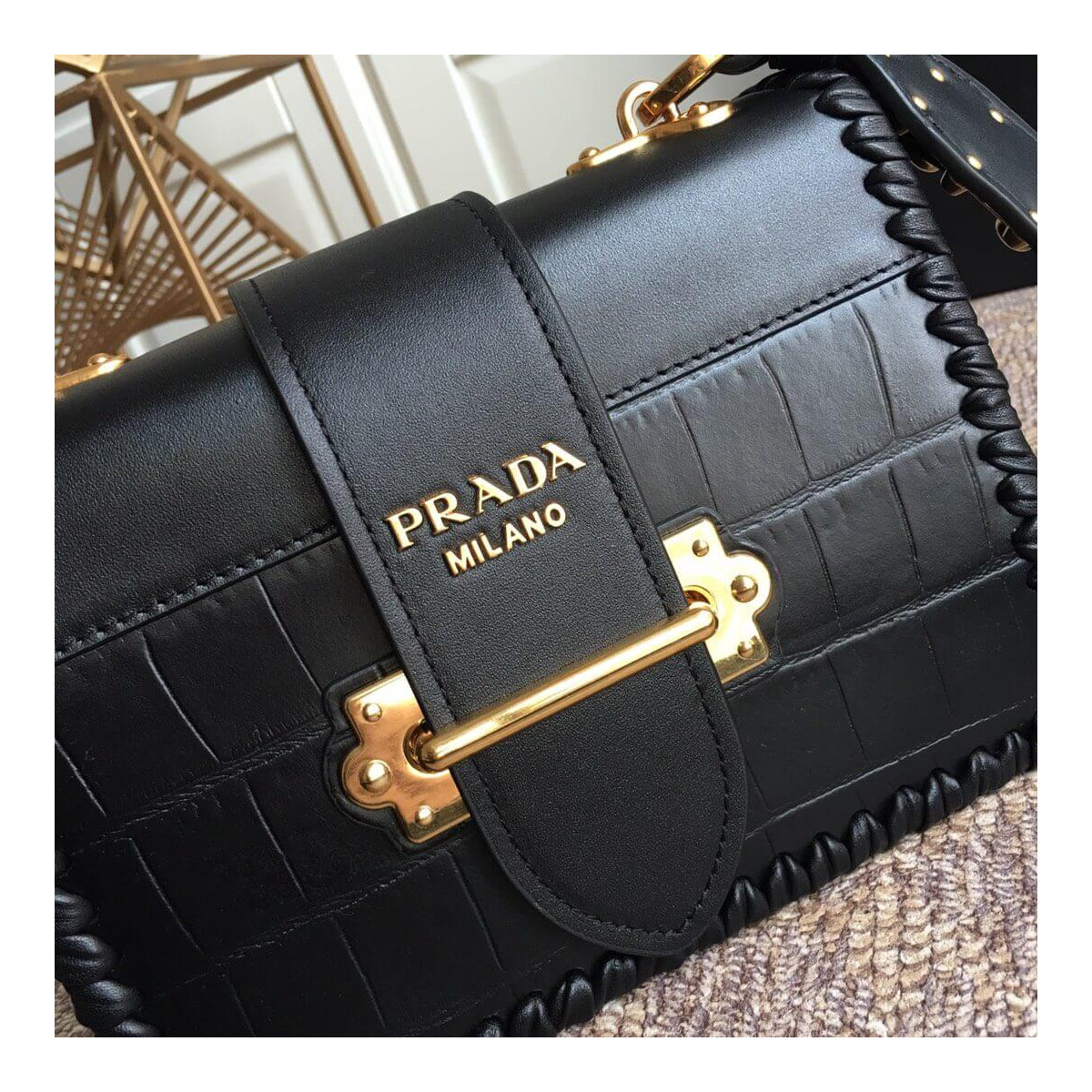 Prada Crocodile and Calf Leather Cahier Bag 1BD045