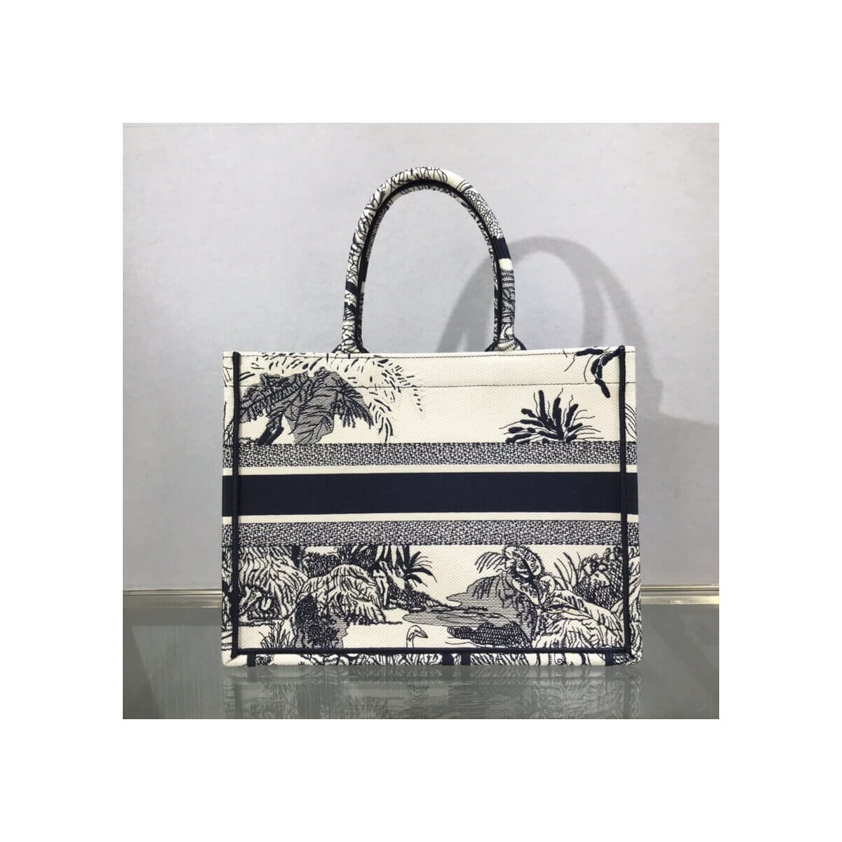 Dior Small Book Tote Blue Toile de Jouy Palms Embroidery M1296