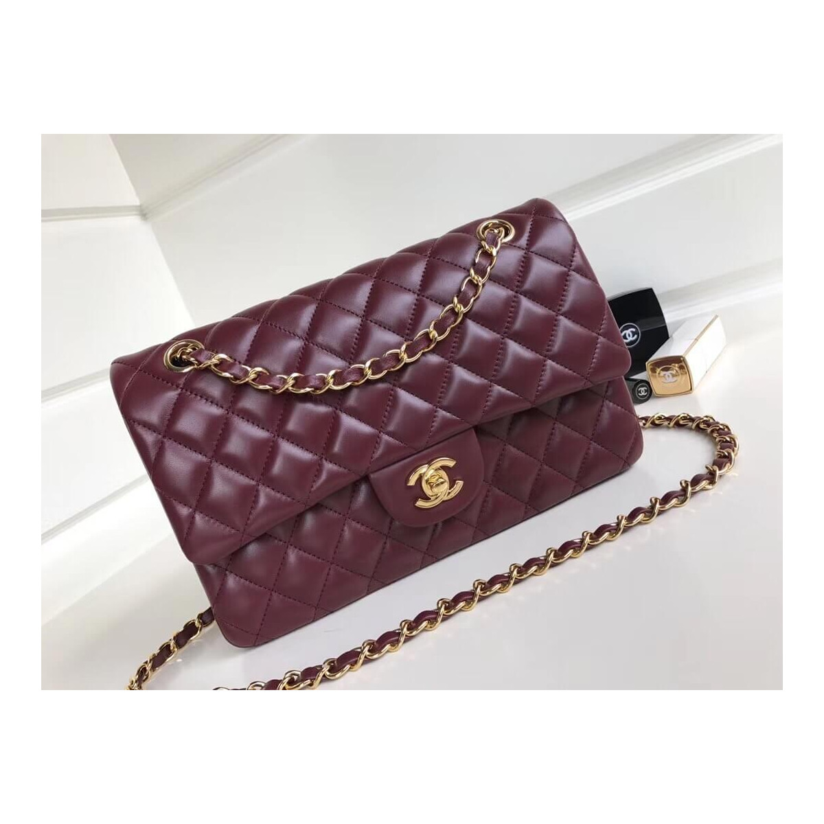 Chanel 1112 Burgundy Medium Size 2.55 Lambskin Leather Flap Bag