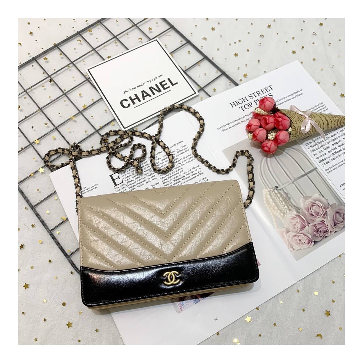 Chanel Chevron Crinkled Calfskin Gabrielle Wallet on Chain WOC Bag A86025