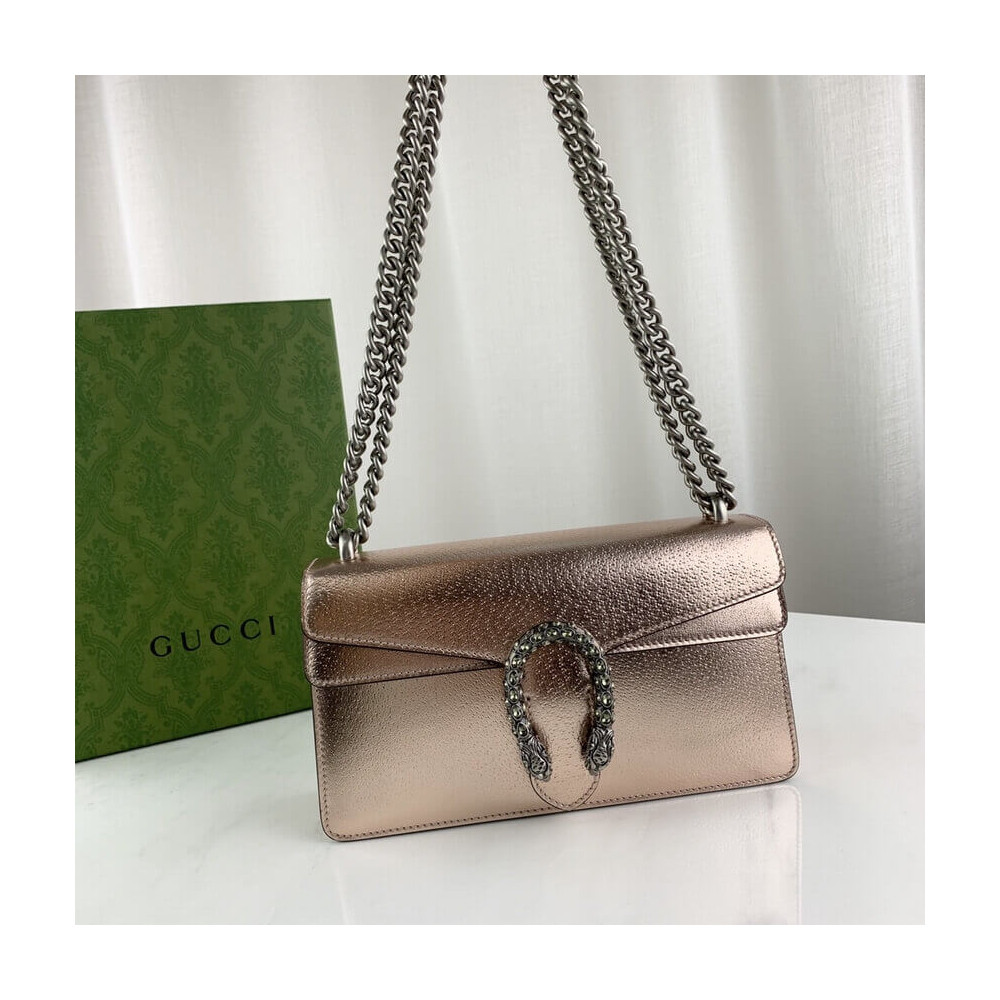 Gucci Dionysus Small Shoulder Bag in Rose Gold Lame Leather 499623