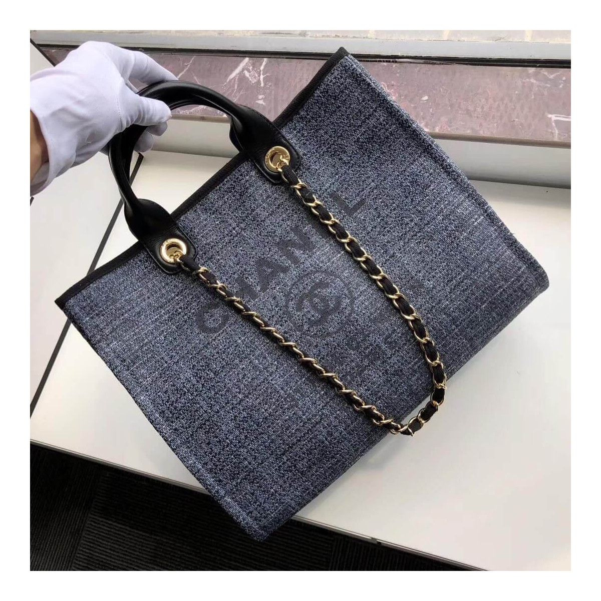 Chanel Deauville Tote 38cm Canvas Bag A66941 Grey Blue