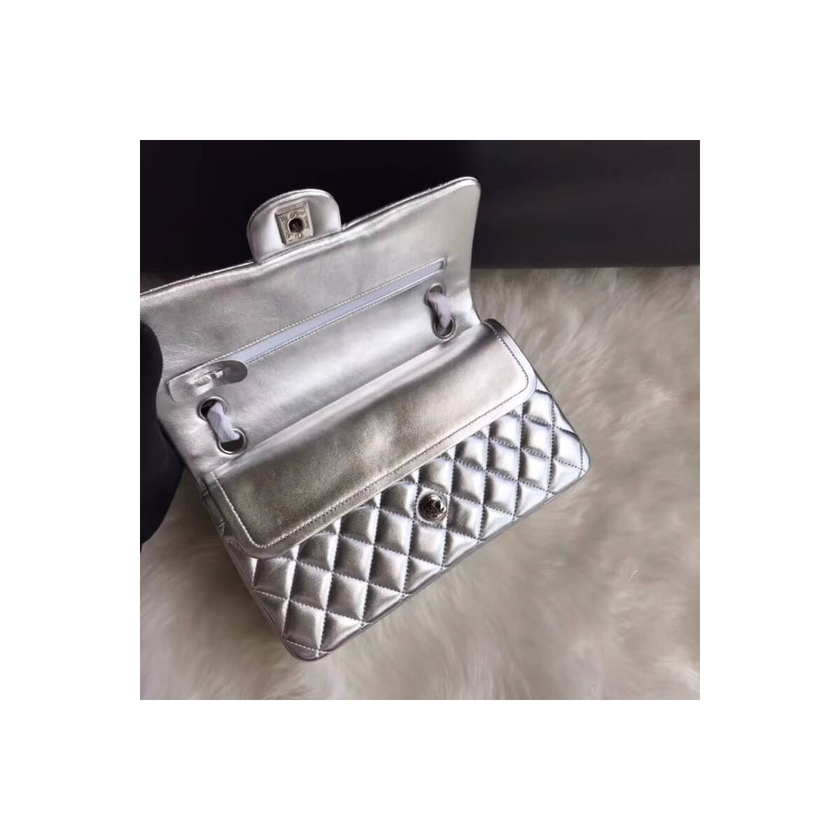 Chanel 1112 Silver Medium Size 2.55 Lambskin Leather Flap Bag