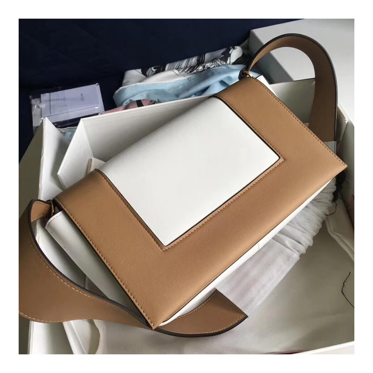 Celine Frame Medium Shoulder Bag 180263 Apricot/White