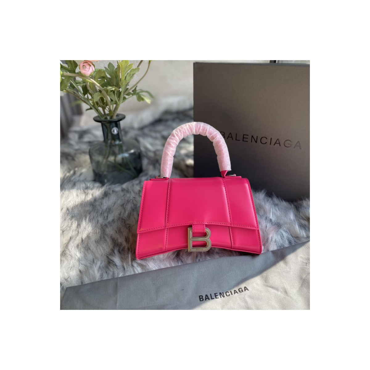 Balenciaga Hourglass XS Shiny Box Calfskin Tote