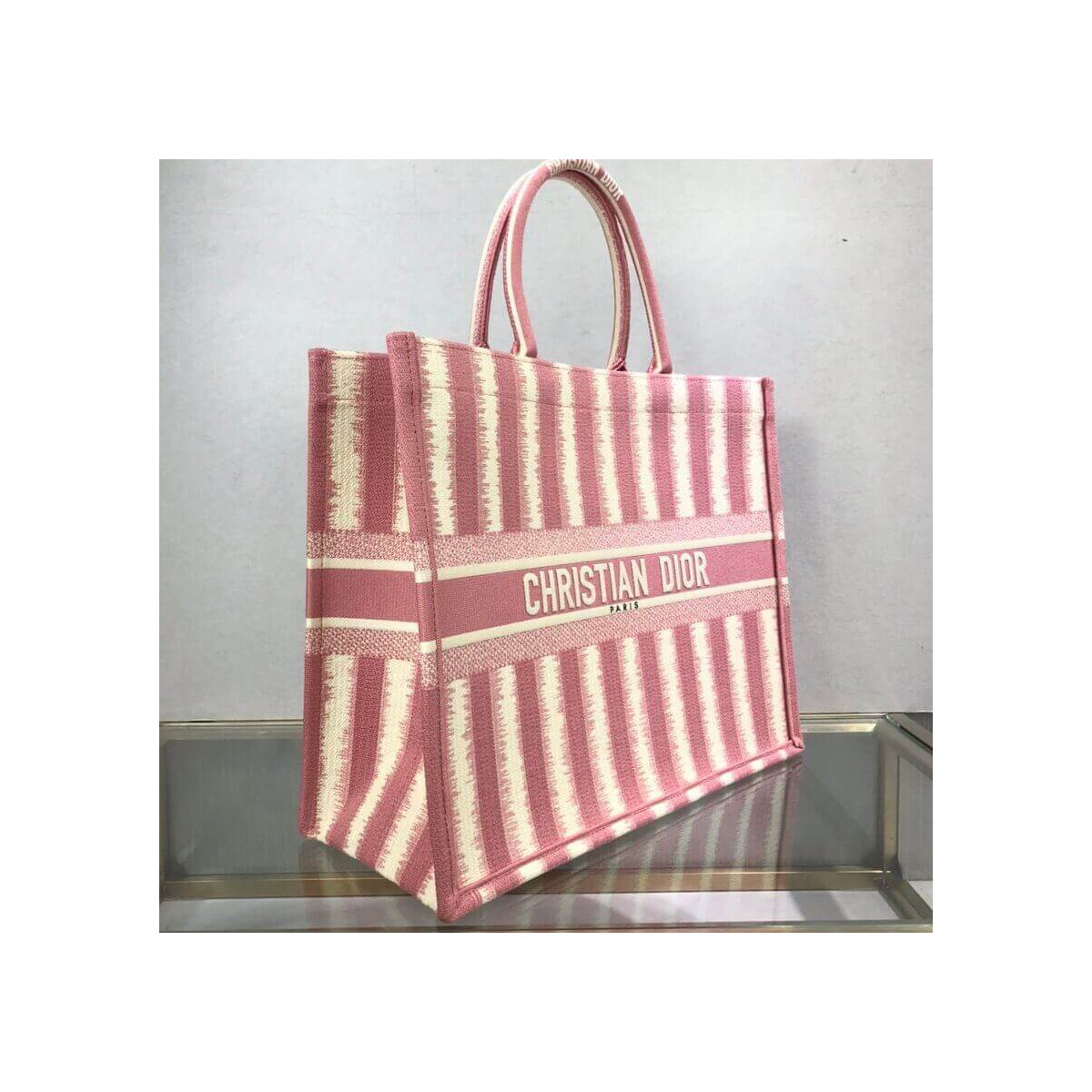 Dior Book Tote Pink D-Stripes Embroidery M1286