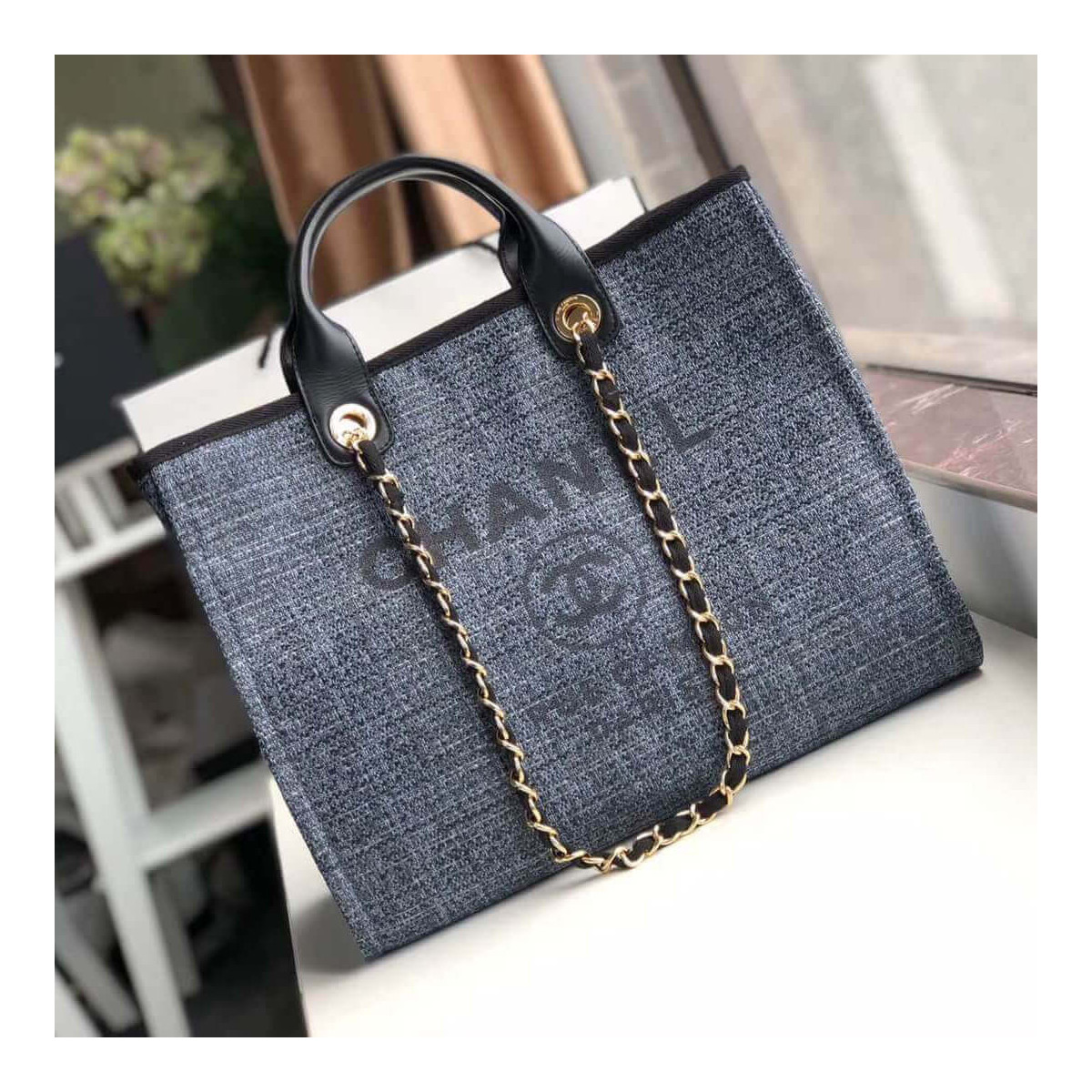 Chanel Deauville Tote 38cm Canvas Bag A66941 Grey Blue