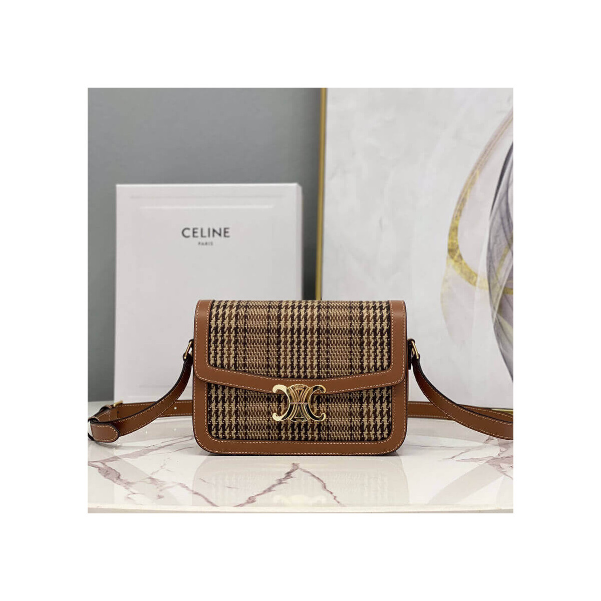 Celie Medium Triomphe Bag in Triomphe Textile and Calfskin 191242 Brown/Tan