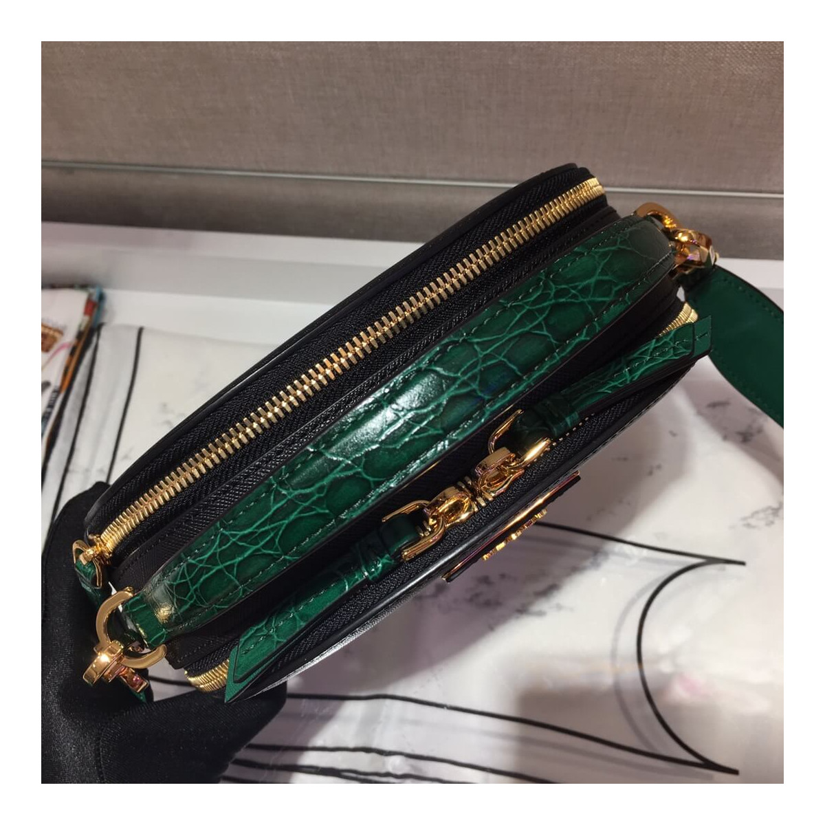 Prada Saffiano and Crocodile Leather Odette Bag 1BH123