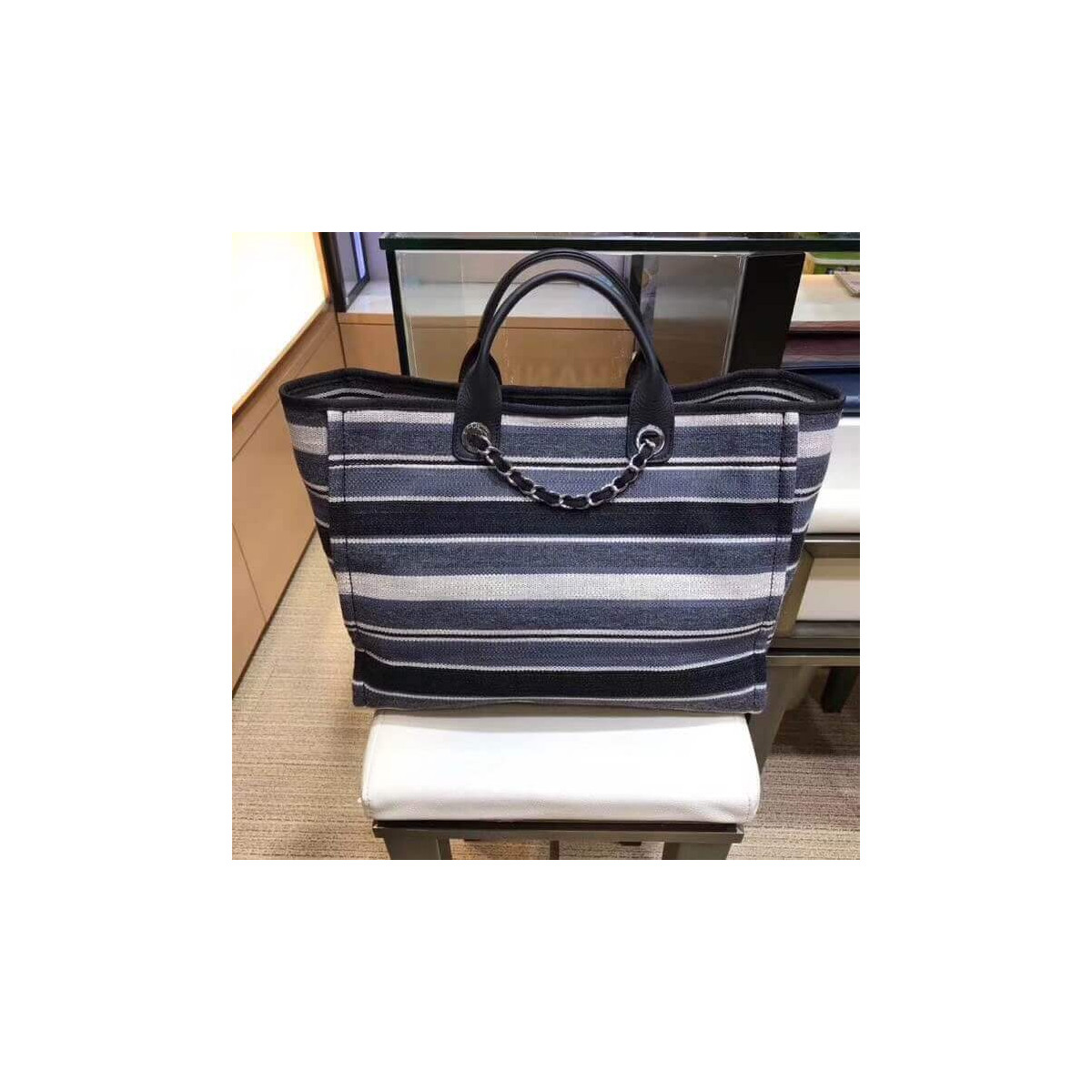 Chanel Deauville Black Grey Striped Tweed Canvas Tote A66941