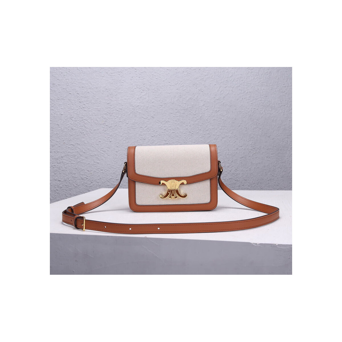 Celine Teen Triomphe Bag in Textile and Natural Calfskin 188882 Tan/White